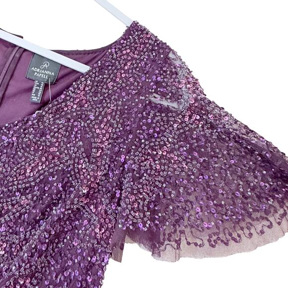 Adrianna Papell Flutter Sleeve Beaded Sequin Dress 14 NYE Glam Cocktail Coquette - Picture 6 of 11